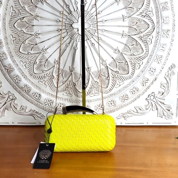 Vince Camuto NWT Bright Yellow Woven Horn Clutch W/Removable Chain Strap - Picture 8 of 12